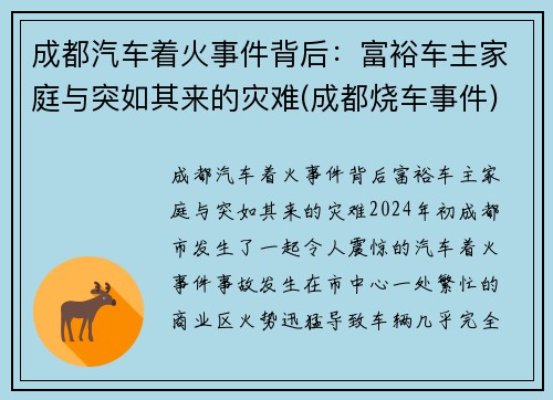 成都汽车着火事件背后：富裕车主家庭与突如其来的灾难(成都烧车事件)